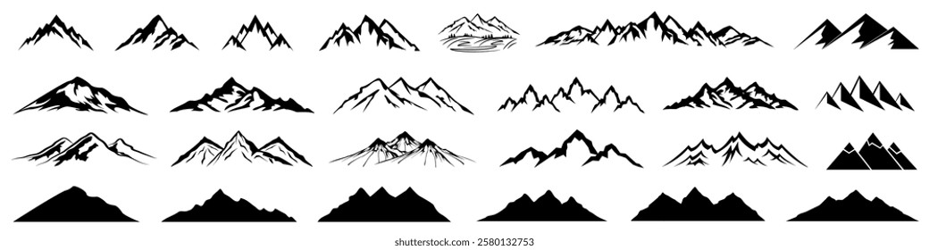 Mountain ridge with many peaks set, mountain silhouette