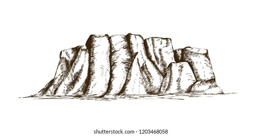 Mountain ridge or natural landmark hand drawn in vintage engraving style. Beautiful retro drawing of rock cliff, plateau or tableland isolated on white background. Monochrome vector illustration.