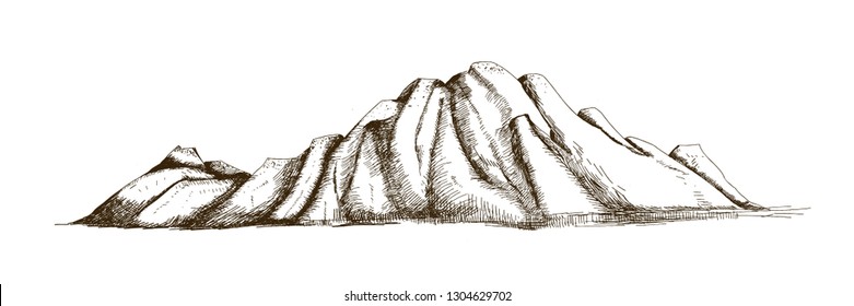 Mountain ridge or range hand drawn with contour lines on white background. Elegant vintage drawing of rocky cliff or mount. Monochrome vector illustration in engraving, etching or woodcut style