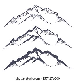 Mountain Ridge Or Range Hand Drawn With Contour Lines On White Background. Elegant Vintage Drawing Of Rocky Cliff Or Mount. Monochrome Vector Illustration