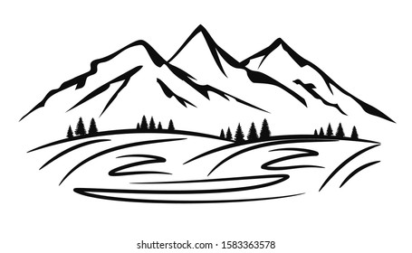 Mountain ridge silhouette with many peaks and trees - stock vector