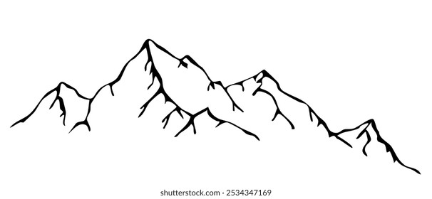 Mountain ridge, snowy peak, line wild nature. Hand drawn landscape, map line contour. Rocky mountains landscape design, icon.