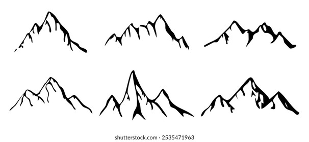 Cresta de la montaña, pico nevado, línea de naturaleza salvaje. Paisaje dibujado a mano, contorno de la línea del mapa. Diseño de paisaje de las montañas rocosas, icono.