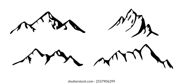 Cresta de la montaña, pico nevado, línea de naturaleza salvaje. Paisaje dibujado a mano, contorno de la línea del mapa. Diseño de paisaje de las montañas rocosas, icono.