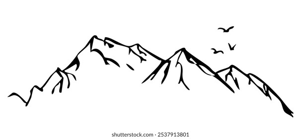 Cresta de la montaña, pico nevado, línea de naturaleza salvaje. Paisaje dibujado a mano, contorno de la línea del mapa. Diseño de paisaje de las montañas rocosas, icono.