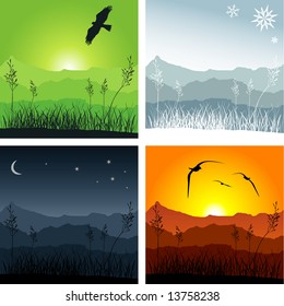 Mountain ridges with grass in the foreground. Four different versions representing winter, sunset, spring and night