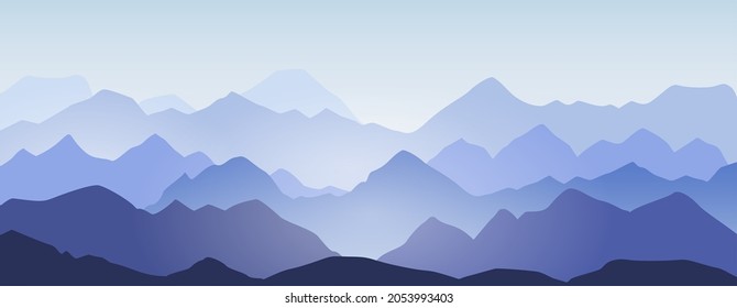 Mountain ridges and hills silhouette landscape background. Abstract morning mountains panorama, beautiful nature scene vector illustration. Peaks in mist or blue fog and cold sunlight