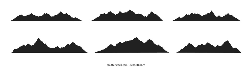 Bergrücken spitzen Silhouetten flache Design, Vektorgrafik einzeln auf weißem Hintergrund. Felsige Berggipfel mit verschiedenen Bereichen Natur-Hintergrund-Design-Elemente im Freien.