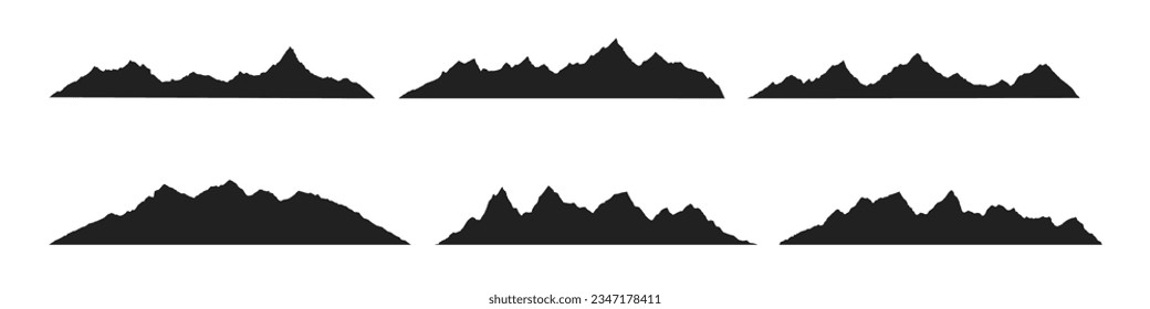 Mountain ridges peak silhouettes flat style design vector illustration set isolated on white background. Rocky mountains peaks with various ranges outdoor nature landscape background design elements.