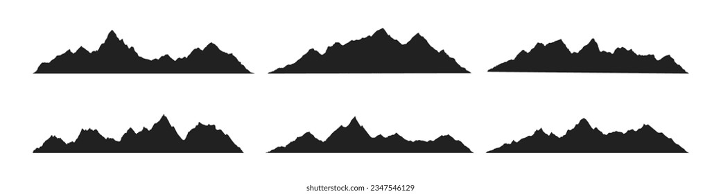 Mountain ridges peak silhouettes flat style design vector illustration set isolated on white background. Rocky mountains peaks with various ranges outdoor nature landscape background design elements.