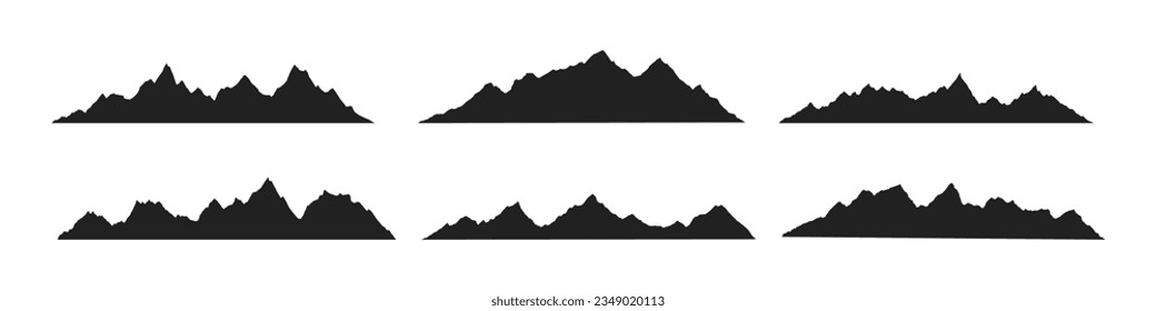 Cojeras de montaña siluetas de pico diseño de estilo plano ilustración vectorial aislado en fondo blanco. Montañas rocosas con varios rangos de diseño de fondo de paisaje natural al aire libre.