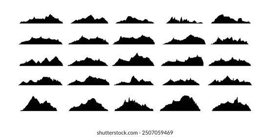 Mountain ridges peak silhouettes flat style isolated set. Rocky mountains peaks design various ranges outdoor nature landscape background design elements. Vector illustration