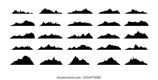 Bergrücken Spitze Silhouetten flachen Stil isoliert Satz. Felsige Berge Gipfel Design verschiedene Bereiche Outdoor Naturlandschaft Hintergrund Design-Elemente. Vektorgrafik