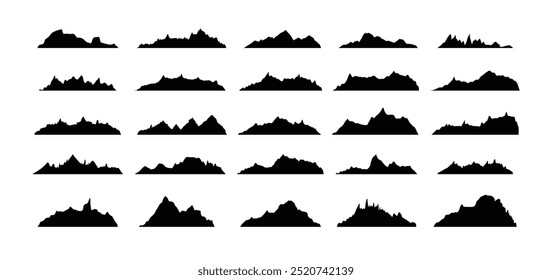 Bergrücken Spitze Silhouetten flachen Stil isoliert Satz. Felsige Berge Gipfel Design verschiedene Bereiche Outdoor Naturlandschaft Hintergrund Design-Elemente. Vektorgrafik
