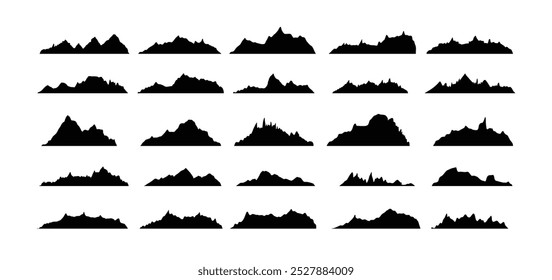 Mountain ridges peak silhouettes flat style isolated set. Rocky mountains peaks design various ranges outdoor nature landscape background design elements. Vector illustration