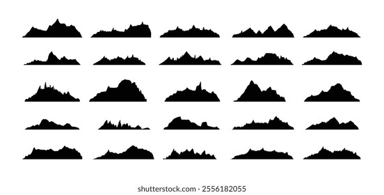 Mountain ridges peak silhouettes flat style isolated set. Rocky mountains peaks design various ranges outdoor nature landscape background design elements. Vector illustration