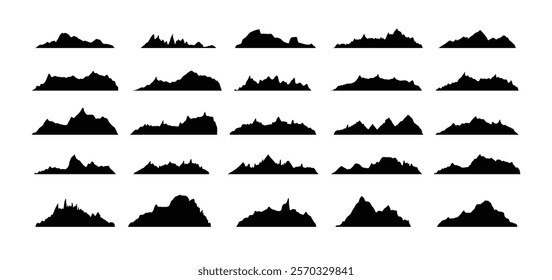 Mountain ridges peak silhouettes flat style isolated set. Rocky mountains peaks design various ranges outdoor nature landscape background design elements. Vector illustration