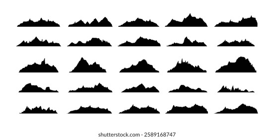 Mountain ridges peak silhouettes flat style isolated set. Rocky mountains peaks design various ranges outdoor nature landscape background design elements. Vector illustration