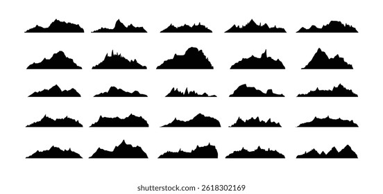 Montanha cumes pico silhuetas estilo plano conjunto isolado. Montanhas rochosas picos projetar várias faixas ao ar livre natureza paisagem fundo design elementos. Ilustração vetorial