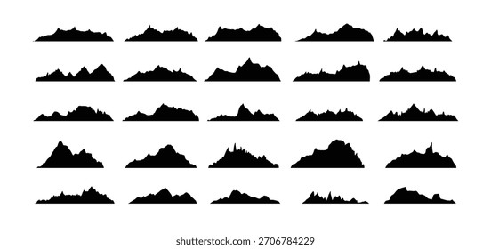 Montañas crestas pico siluetas de estilo plano conjunto aislado. Los picos de las montañas rocosas diseñan varias gamas de Elementos de diseño de fondo de paisaje de naturaleza al aire libre. Ilustración vectorial