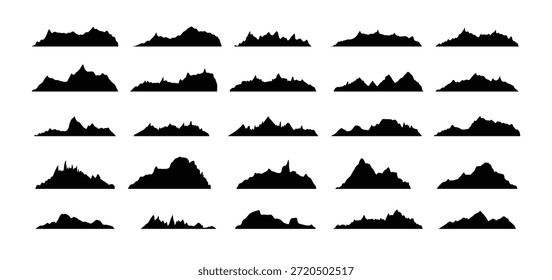 Bergrücken Spitze Silhouetten flachen Stil isoliert Satz. Felsige Berge Gipfel Design verschiedene Bereiche Outdoor Naturlandschaft Hintergrund Design-Elemente. Vektorgrafik