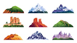 Mountain ridges set isolated iceberg tops and hills, cartoon rocky landscapes. Vector snowy alpine cliffs, climbing and hiking sport symbols. China and Japan mounts, volcano craters and ranges