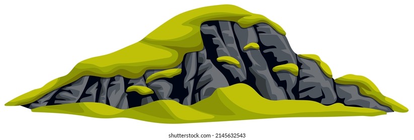 Mountain ridges. Stones grey wall with moss and grass. Isolated vector cartoon illustration on white background.