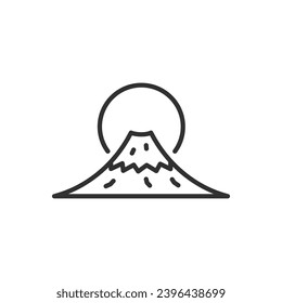 Mountain with the rising sun, linear icon. Line with editable stroke