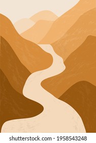 Mountain River. Abstract landscape, minimalism. Trending earth colors. Save and preserve the nature. Concept of travel, leisure and tourism. Vector wall art poster