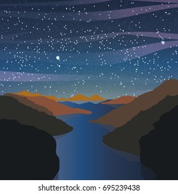 Mountain river or bay. The night sky with a full round moon, stars, meteorites and clouds. Vector landscape can be used in newsletter, brochures, postcards, banner.