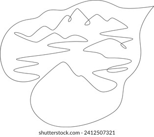 Mountain river. Beautiful mountain landscape. Tree leaf. Double exposure. Picture in picture.Continuous one line drawing. Lineart vector illustration.