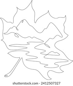 Mountain river. Beautiful mountain landscape. Tree leaf. Double exposure. Picture in picture.Continuous one line drawing. Lineart vector illustration.