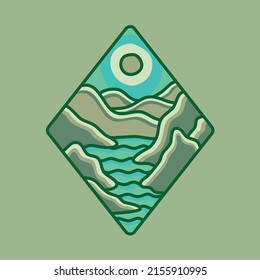 Mountain and river with beauty sunrise graphic illustration vector art t-shirt design
