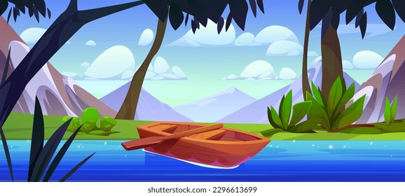 Mountain River mit Boot in Wald Vektorlandschaft Szene. Cartoon Sommer Naturgrafik mit grünem Gras, ruhiges Wasser, Holzkanu und schönem Felsparadies Park für Abenteuerreise nahe Küste