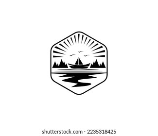 Mountain, River, Boat, Sunset, And Beach Landscape Logo Design With Sea Lake River Symbol Vector Icon.