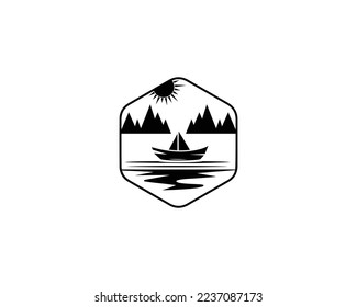 Mountain, River, Boat, Sunset, And Beach Landscape Logo Design With Sea Lake Symbol Vector Icon.