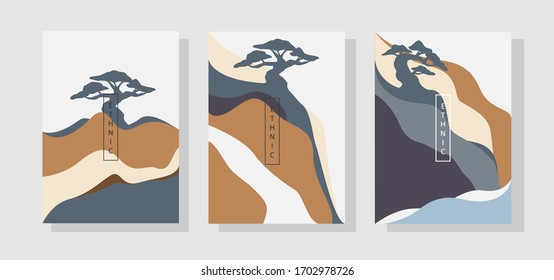 Mountain with River and Bonsai illustration. Abstract Geometric templates. Landscape background in Japanese style. Abstract Mountain poster design. Abstract arts. Mountain landscape.