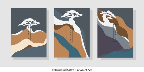 Mountain with River and Bonsai illustration. Abstract Geometric templates. Landscape background in Japanese style. Abstract Mountain poster design. Abstract arts. Mountain landscape.