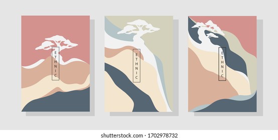 Mountain with River and Bonsai illustration. Abstract Geometric templates. Landscape background in Japanese style. Abstract Mountain poster design. Abstract arts. Mountain landscape.