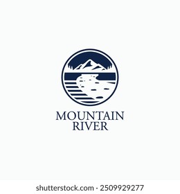 Mountain river with bridge and stones circle badge logo. Outdoor nature icon, sign, symbol