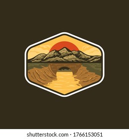 Mountain River Bridge View Nature Badges Stricker Illustration