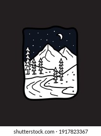 mountain and river camping nature adventure in the night-crescent wild line badge patch pin graphic illustration vector art t-shirt design