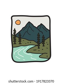 montaña y río camping naturaleza aventura en el día salvaje línea badge parche pin gráfico ilustración vectorial arte diseño camiseta