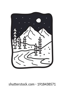 mountain and river camping nature adventure in the night wild line badge patch pin graphic illustration vector art t-shirt design