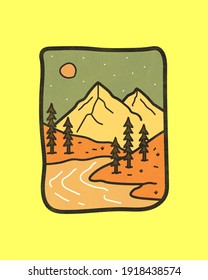 mountain and river camping nature adventure in the night wild line badge patch pin graphic illustration vector art t-shirt design