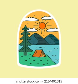 montaña y río camping naturaleza aventura en el día de la insignia de la línea salvaje pin gráfico ilustración vectorial arte diseño de camisetas