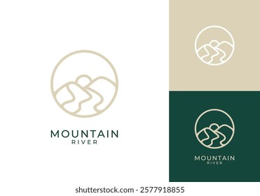 mountain with river circle line art logo design inspiration