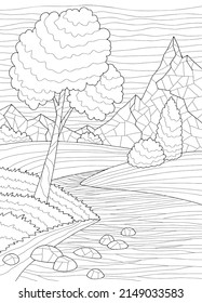 Mountain river coloring graphic black white vertical landscape sketch illustration vector 