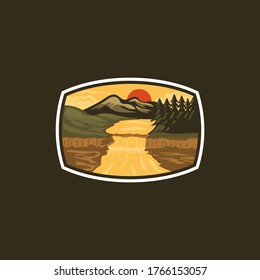 Mountain River Environment View Nature Badges Stricker Illustration