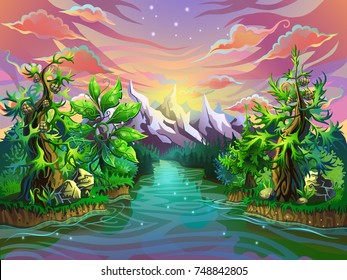 Mountain river in a fantastic forest. Vector Illustration for design and background.